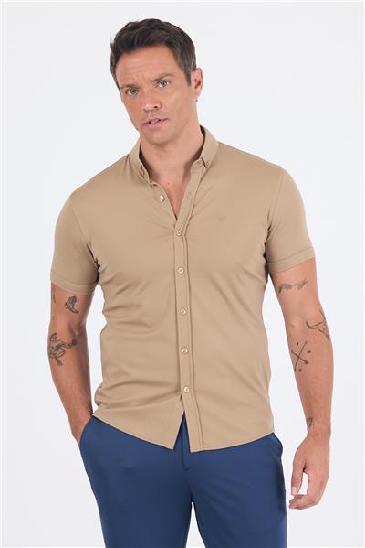 Bej italyan Düğmeli Yaka Kısa Kol Cepsiz Slim Fit Gömlek 1004250255