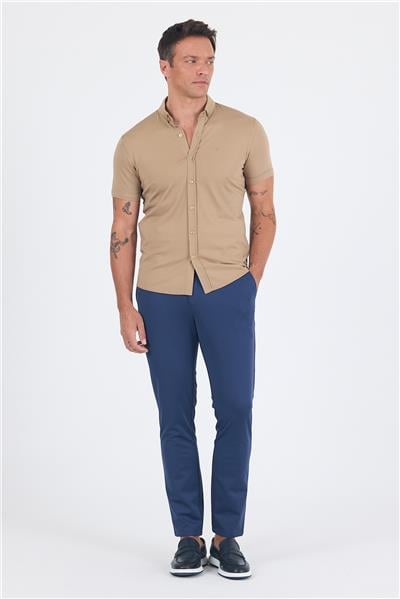 Bej italyan Düğmeli Yaka Kısa Kol Cepsiz Slim Fit Gömlek 1004250255