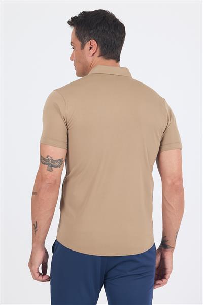 Bej italyan Düğmeli Yaka Kısa Kol Cepsiz Slim Fit Gömlek 1004250255