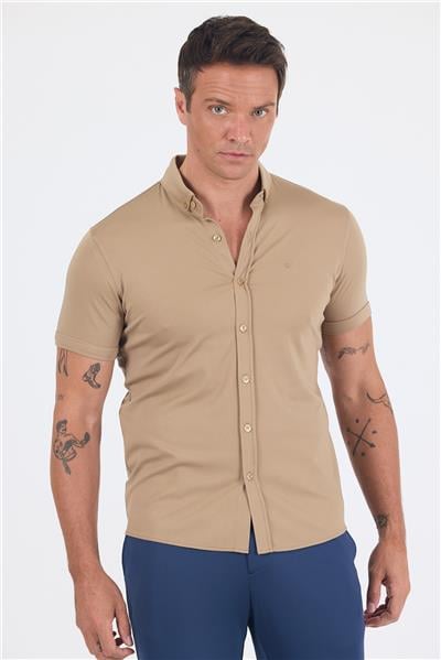 Bej italyan Düğmeli Yaka Kısa Kol Cepsiz Slim Fit Gömlek 1004250255