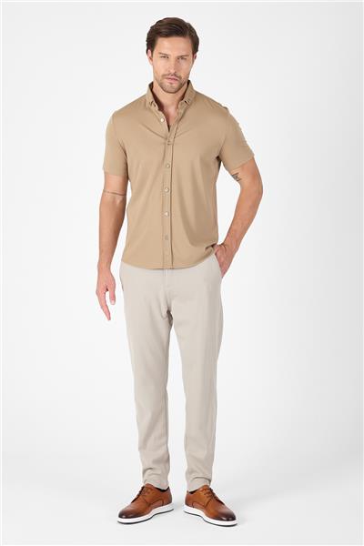 Bej Kısa Kol Düğmeli Yaka Cepsiz Performans Ürün Slim Fit  Gömlek 1004250256