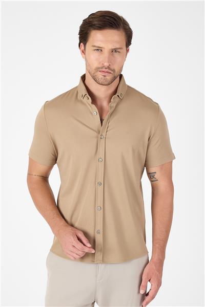 Bej Kısa Kol Düğmeli Yaka Cepsiz Performans Ürün Slim Fit  Gömlek 1004250256