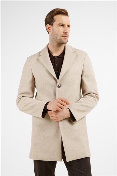 Koyu Bej Mono Yaka Esnek Slim Fit Classic Kaşe Palto 1005255101