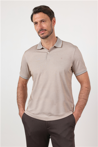 Bej Polo Yaka Kısa Kol Cepsiz Comfort Fit Pamuklu Tişört 1011260153