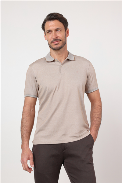 Bej Polo Yaka Kısa Kol Cepsiz Comfort Fit Pamuklu Tişört 1011260153