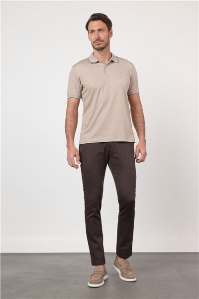 Bej Polo Yaka Kısa Kol Cepsiz Comfort Fit Pamuklu Tişört 1011260153