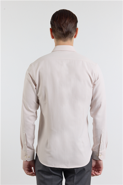 Bej Sert Yaka Uzun Kol Cepsiz Slim Fit Pamuklu Gömlek 1004255284