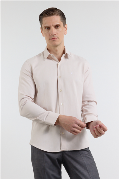 Bej Sert Yaka Uzun Kol Cepsiz Slim Fit Pamuklu Gömlek 1004255284