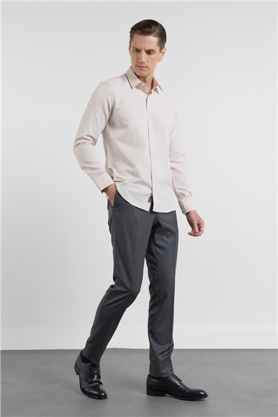 Bej Sert Yaka Uzun Kol Cepsiz Slim Fit Pamuklu Gömlek 1004255284
