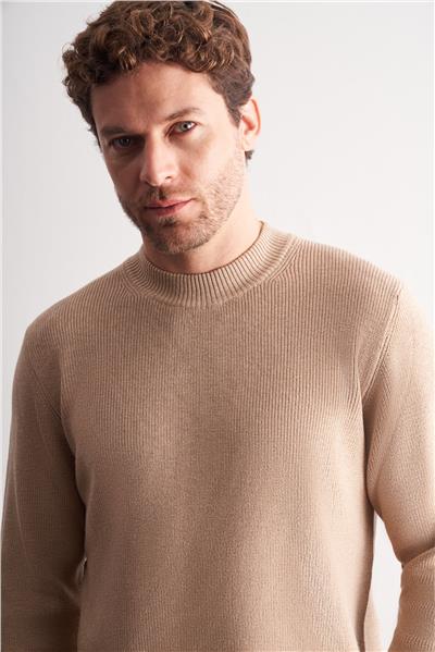 Koyu Bej Yarım Balıkçı Yaka Uzun Kol Cepsiz Comfort Fit Casual Pamuklu Triko Kazak 1012255203