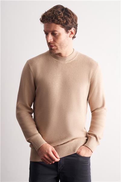 Koyu Bej Yarım Balıkçı Yaka Uzun Kol Cepsiz Comfort Fit Casual Pamuklu Triko Kazak 1012255203