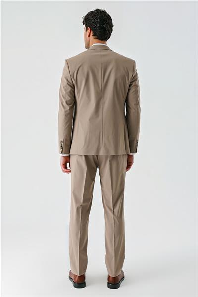 Koyu Camel Gabardin Kırlangıç Yaka Yelekli Likralı 6 Drop Slim Fit Klasik Takım Elbise 1001240188
