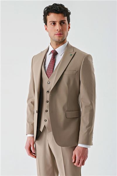 Koyu Camel Gabardin Kırlangıç Yaka Yelekli Likralı 6 Drop Slim Fit Klasik Takım Elbise 1001240188