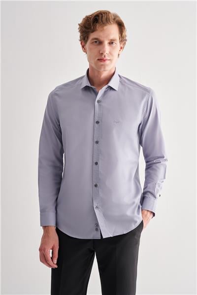 Koyu Gri Yarım İtalyan Yaka Uzun Kol Slim Fit Pamuklu Gömlek 1004255180