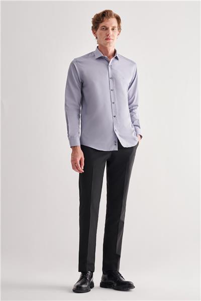 Koyu Gri Yarım İtalyan Yaka Uzun Kol Slim Fit Pamuklu Gömlek 1004255180