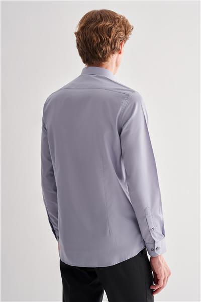 Koyu Gri Yarım İtalyan Yaka Uzun Kol Slim Fit Pamuklu Gömlek 1004255180