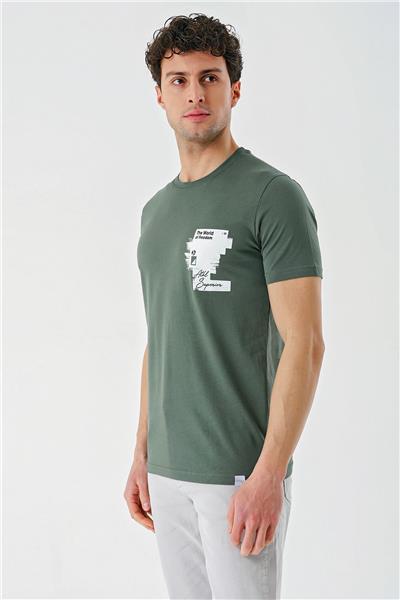 Koyu Haki Baskılı Bez Ayağı Bisiklet Yaka %100 Pamuk Casual Slim Fit Dar Kesim Tişört 1011240166