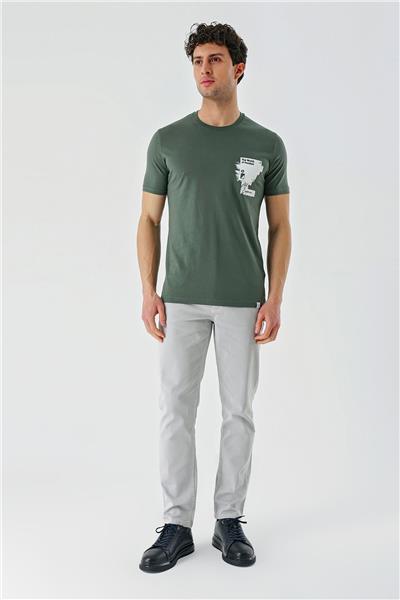Koyu Haki Baskılı Bez Ayağı Bisiklet Yaka %100 Pamuk Casual Slim Fit Dar Kesim Tişört 1011240166