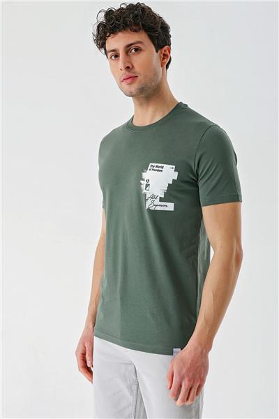 Koyu Haki Baskılı Bez Ayağı Bisiklet Yaka %100 Pamuk Casual Slim Fit Dar Kesim Tişört 1011240166