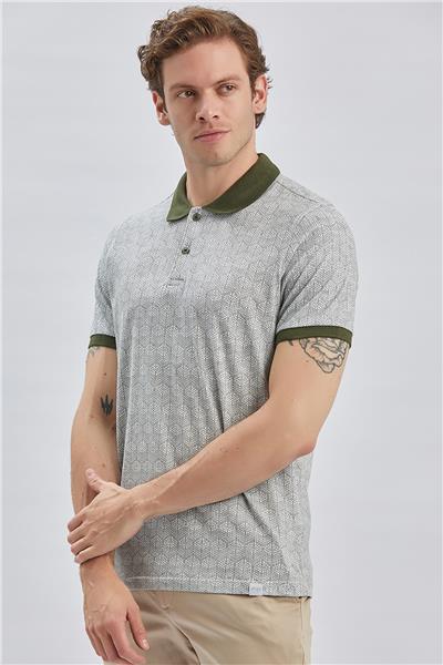 Koyu Haki Baskılı Pike Polo Yaka Pamuklu Likralı Casual Slim Fit Dar Kesim Tişört 1011240158