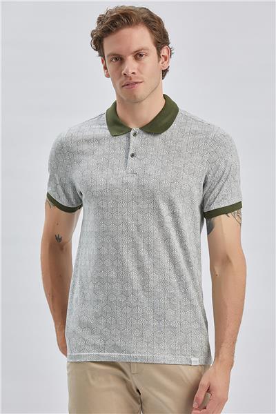 Koyu Haki Baskılı Pike Polo Yaka Pamuklu Likralı Casual Slim Fit Dar Kesim Tişört 1011240158