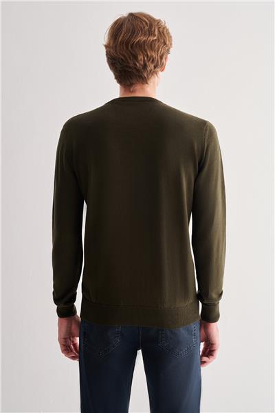 Koyu Haki Bisiklet Yaka Uzun Kol Cepsiz Comfort Fit Pamuklu Triko Kazak 1012255220