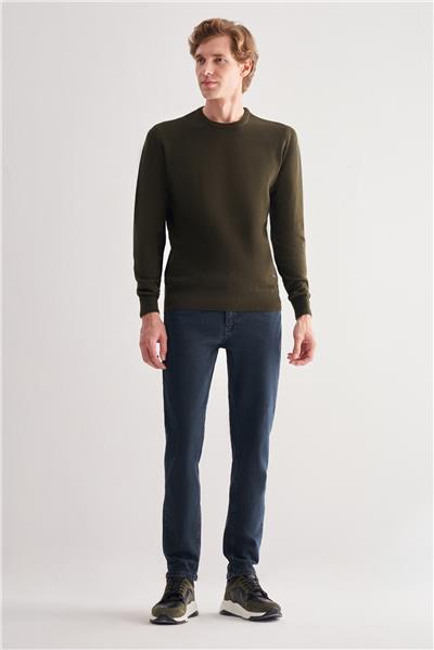 Koyu Haki Bisiklet Yaka Uzun Kol Cepsiz Comfort Fit Pamuklu Triko Kazak 1012255220