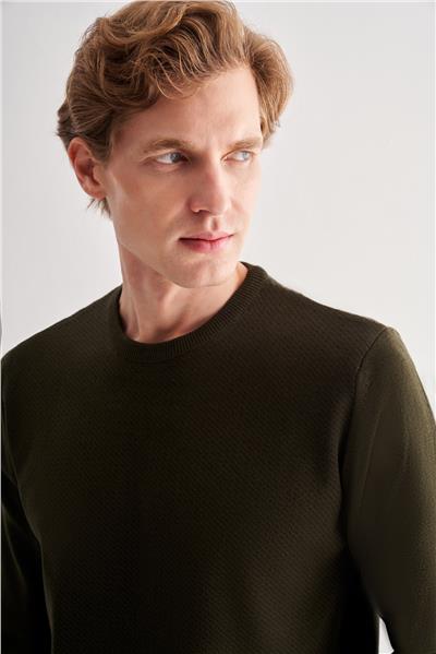 Koyu Haki Bisiklet Yaka Uzun Kol Cepsiz Comfort Fit Pamuklu Triko Kazak 1012255220