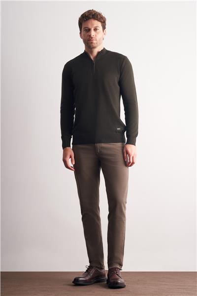 Koyu Haki Fermuarlı Dik Yaka Uzun Kol Cepsiz Comfort Fit Classic Pamuklu Triko Kazak 1012255201