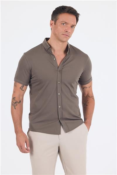 Haki italyan Düğmeli Yaka Kısa Kol Cepsiz Slim Fit Gömlek 1004250255