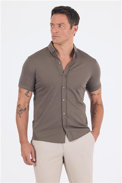 Haki italyan Düğmeli Yaka Kısa Kol Cepsiz Slim Fit Gömlek 1004250255