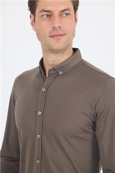 Haki İtalyan Düğmeli Yaka UzunKol Cepsiz Slim Fit Gömlek 1004250254