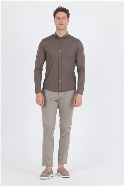 Haki İtalyan Düğmeli Yaka UzunKol Cepsiz Slim Fit Gömlek 1004250254