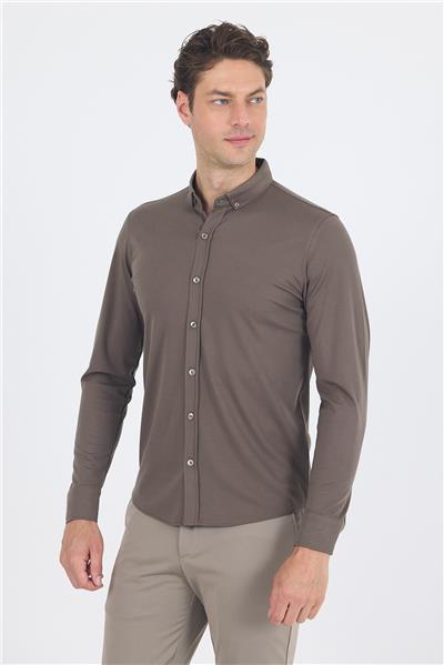 Haki İtalyan Düğmeli Yaka UzunKol Cepsiz Slim Fit Gömlek 1004250254