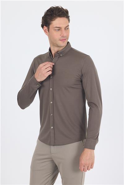 Haki İtalyan Düğmeli Yaka UzunKol Cepsiz Slim Fit Gömlek 1004250254