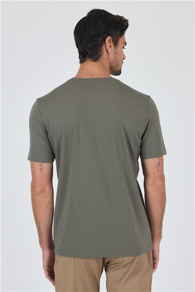 Koyu Haki Kısa Kol Bisiklet Yaka Cepsiz Pamuklu Casual Slim Fit Tişört 1011250165