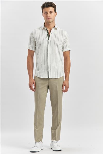 Koyu Haki Kısa Kollu Çizgili Armürlü Garnili Pamuklu Casual Slim Fit Dar Kesim Gömlek 1004240244