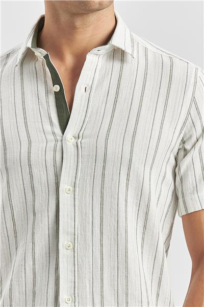Koyu Haki Kısa Kollu Çizgili Armürlü Garnili Pamuklu Casual Slim Fit Dar Kesim Gömlek 1004240244