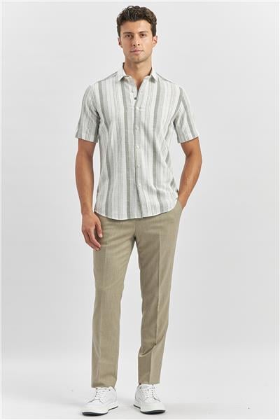 Haki Kısa Kollu Çizgili Armürlü Pamuklu Casual Slim Fit Dar Kesim Gömlek 1004240243