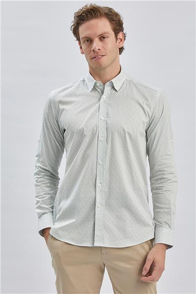 Koyu Haki Kısalabilir Kol Baskılı Cepsiz %97 Pamuk %3 Elastane Klasik Slim Fit Gömlek 1004240116
