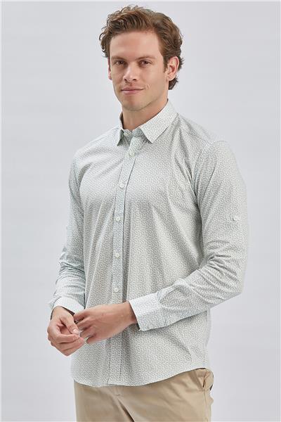 Koyu Haki Kısalabilir Kol Baskılı Cepsiz %97 Pamuk %3 Elastane Klasik Slim Fit Gömlek 1004240116