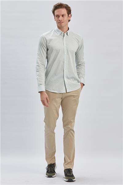 Koyu Haki Kısalabilir Kol Baskılı Cepsiz %97 Pamuk %3 Elastane Klasik Slim Fit Gömlek 1004240116