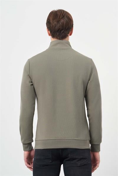 Koyu Haki Örme Hakim Yaka Pamuklu Casual Slim Fit Dar Kesim Sweatshirt 1013245151