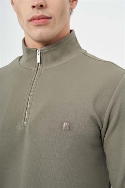 Koyu Haki Örme Hakim Yaka Pamuklu Casual Slim Fit Dar Kesim Sweatshirt 1013245151