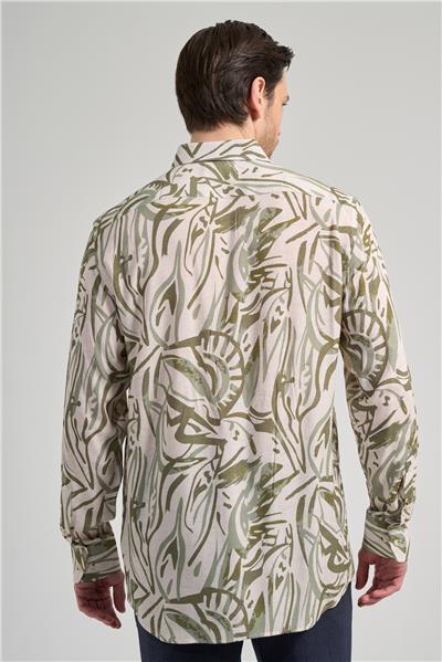 Haki Uzun Kol Baskılı Düğmeli Yaka Cepsiz Casual Slim Fit Gömlek 1004250138