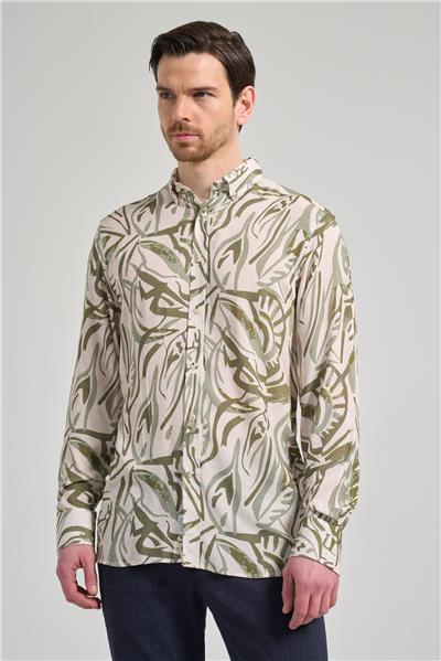 Haki Uzun Kol Baskılı Düğmeli Yaka Cepsiz Casual Slim Fit Gömlek 1004250138
