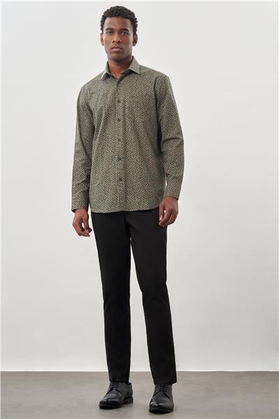 Koyu Haki Uzun Kol Baskılı Bez Ayağı Sert Yaka Cepli Pamuklu Classic Comfort Fit Gömlek 1004245215