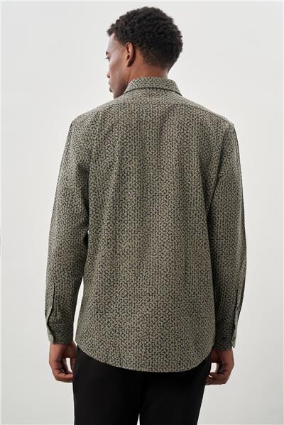 Koyu Haki Uzun Kol Baskılı Bez Ayağı Sert Yaka Cepli Pamuklu Classic Comfort Fit Gömlek 1004245215