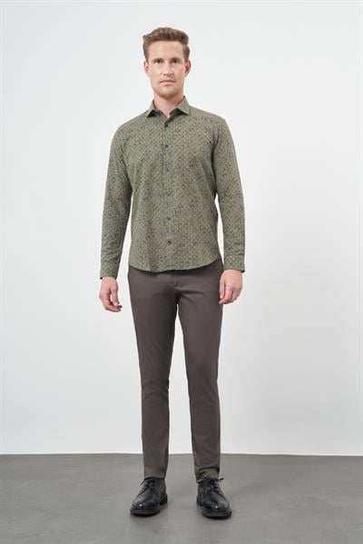 Haki Uzun Kol Yarım İtalyan Yaka Cepsiz Pamuklu Classic Slim Fit Gömlek 1004245222