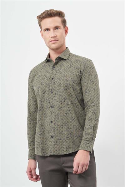 Haki Uzun Kol Yarım İtalyan Yaka Cepsiz Pamuklu Classic Slim Fit Gömlek 1004245222